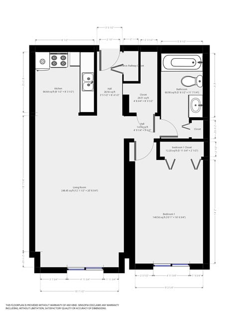 Floor plan for 1 bed, 1 bath, 695 sqft